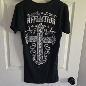 Ladies Affliction Black Tee with White Cross Design Size Small